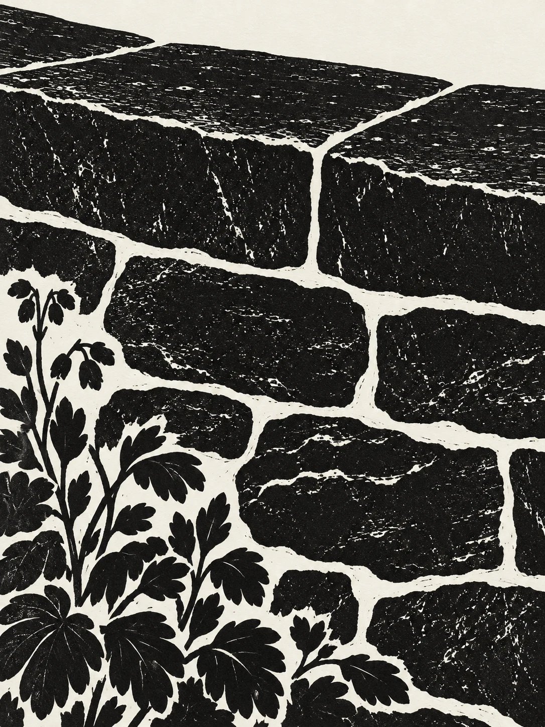 A stone wall coping with two courses in black, charcoal, white, stone; portrait artwork.