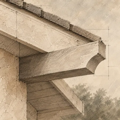 An exposed rafter tail and eave in taupe, stone, cream, brown; square artwork.