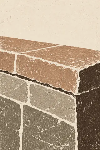 A stone wall coping with two courses in cream, sand, taupe, brown; portrait artwork.