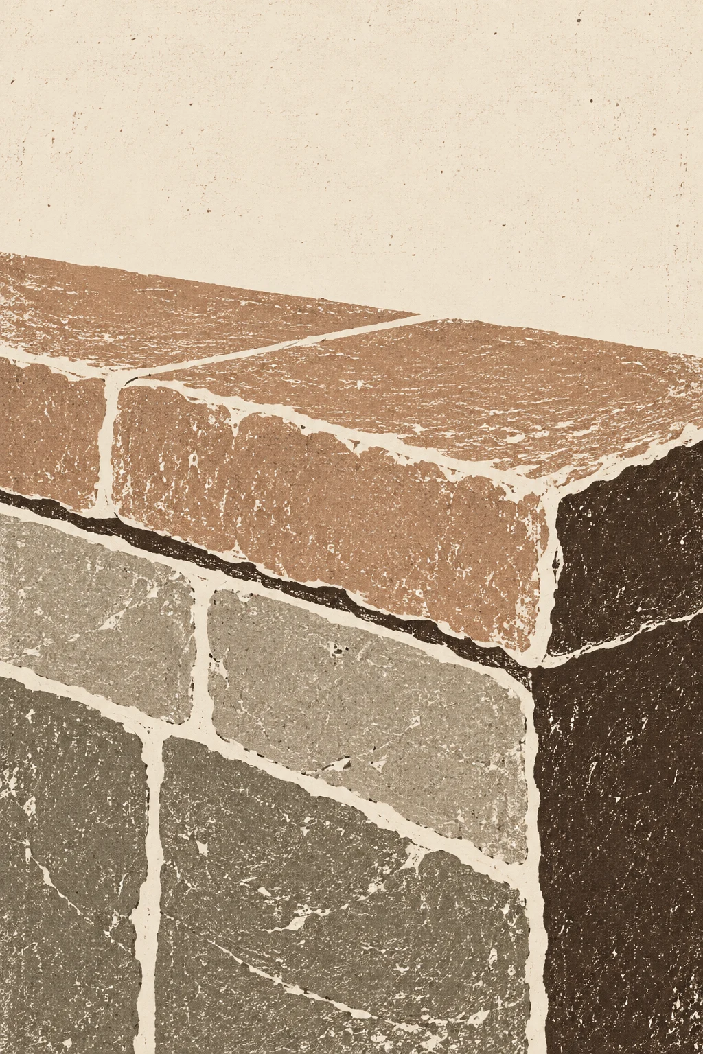 A stone wall coping with two courses in cream, sand, taupe, brown; portrait artwork.