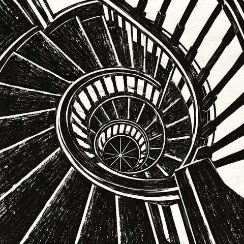 A spiral stair from above in black, charcoal, white, gray; square artwork.