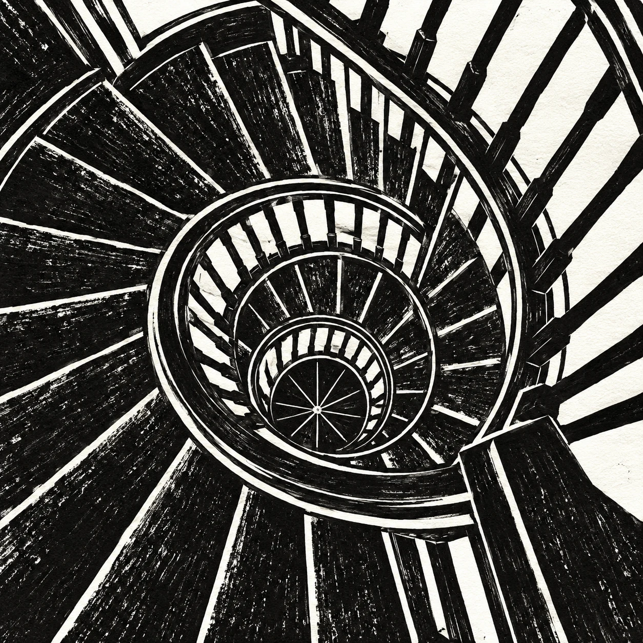 A spiral stair from above in black, charcoal, white, gray; square artwork.