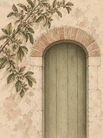 A segmental brick arch over a doorway in elevation in cream, sand, taupe, stone; portrait artwork.