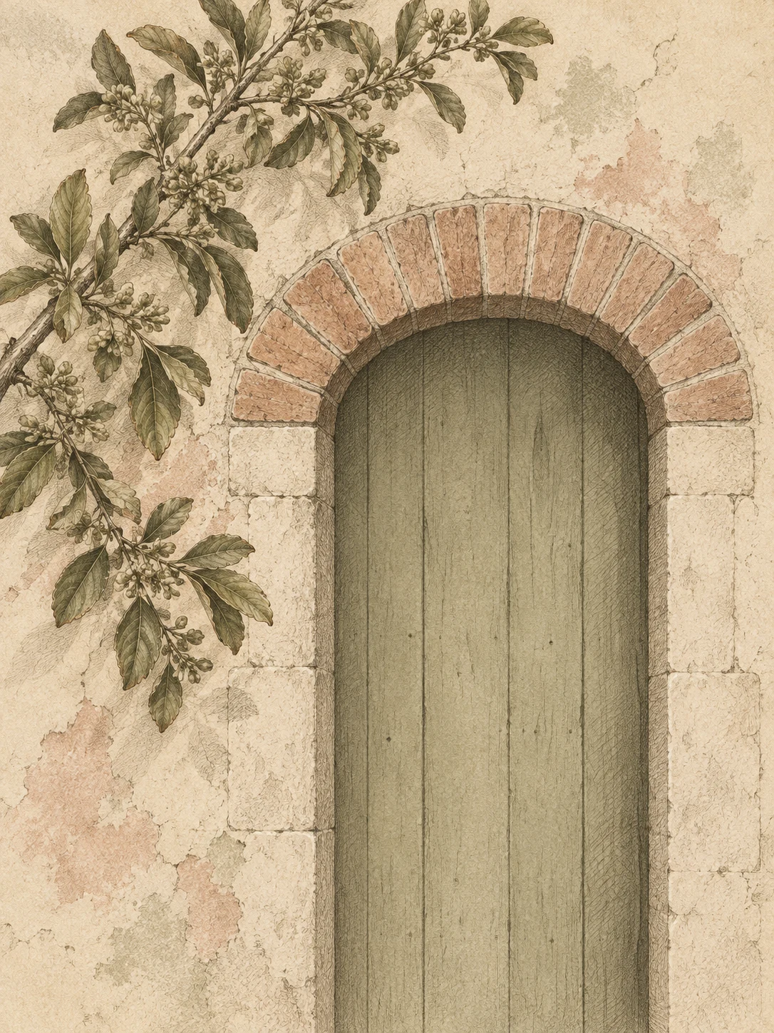 A segmental brick arch over a doorway in elevation in cream, sand, taupe, stone; portrait artwork.