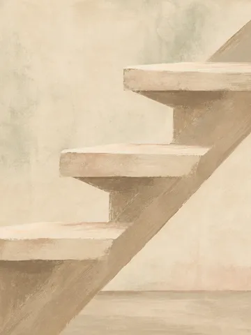 A timber stair stringer with three treads in cream, sand, stone, sage; portrait artwork.