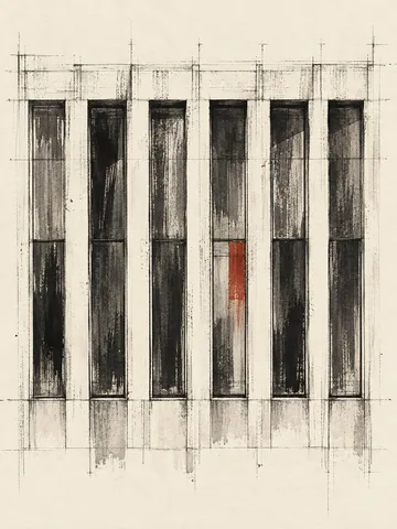 A facade rhythm of six tall windows in cream, white, olive, charcoal; portrait artwork.