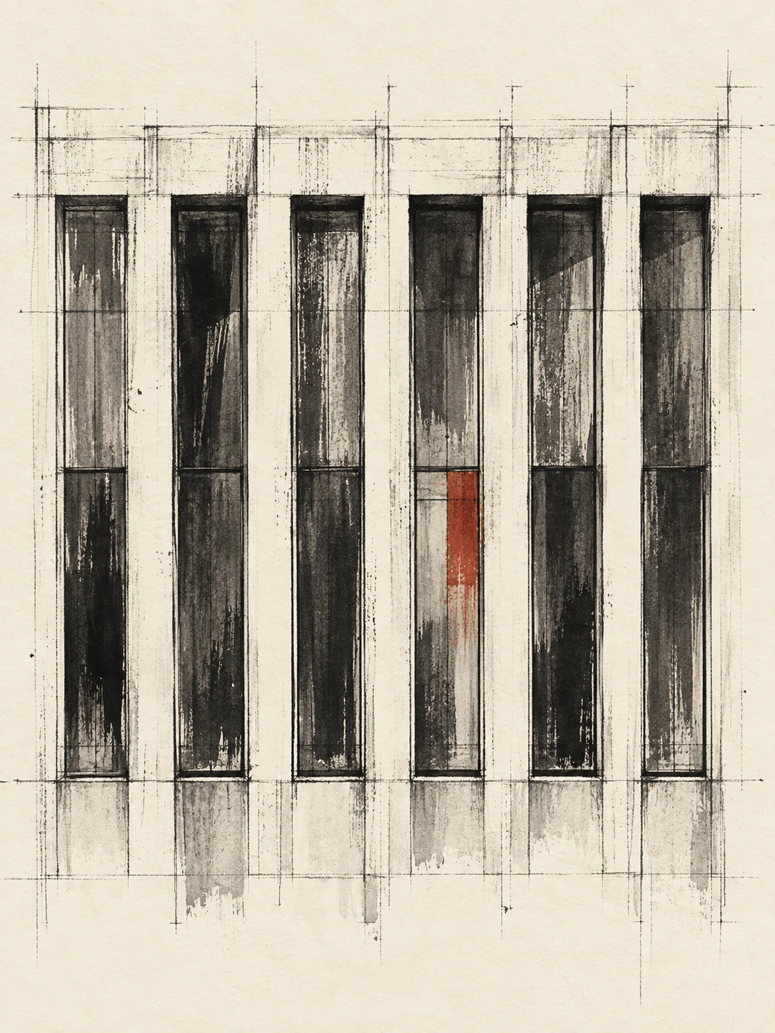 A facade rhythm of six tall windows in cream, white, olive, charcoal; portrait artwork.
