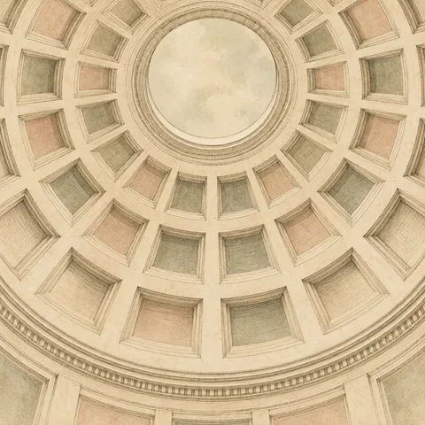 A domed ceiling coffer study in cream, sand, stone, sage; square artwork.