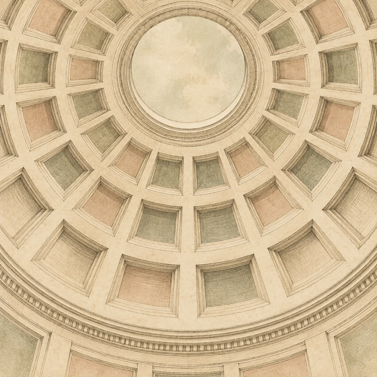 A domed ceiling coffer study in cream, sand, stone, sage; square artwork.