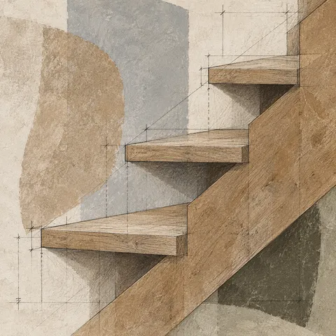 A timber stair stringer with three treads in taupe, stone, cream, sand; square artwork.