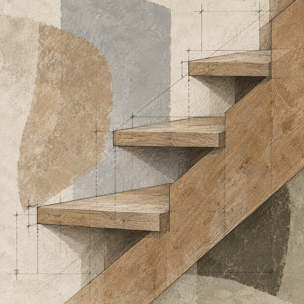 A timber stair stringer with three treads in taupe, stone, cream, sand; square artwork.