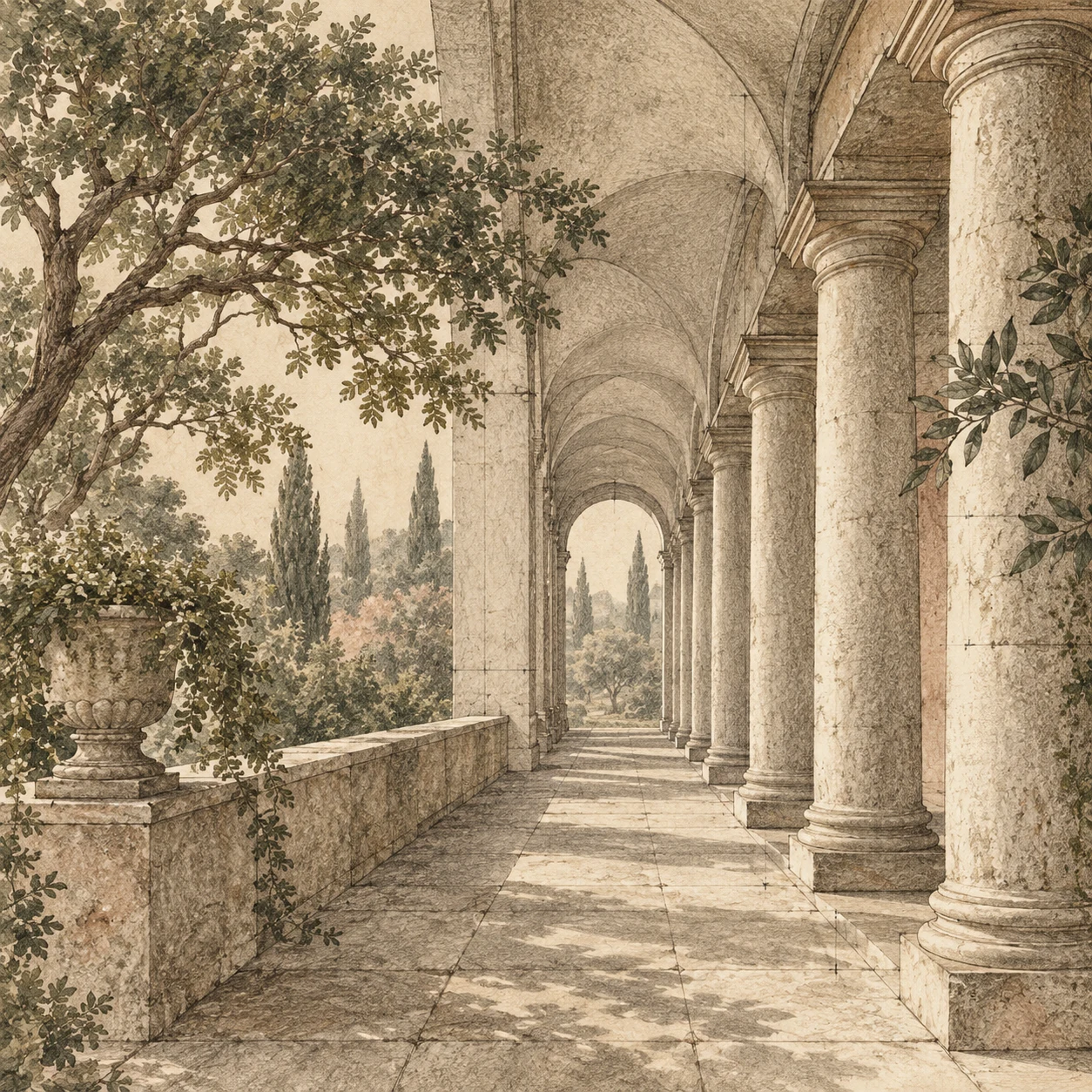 A colonnade in single-point perspective in sand, taupe, olive, sage; square artwork.