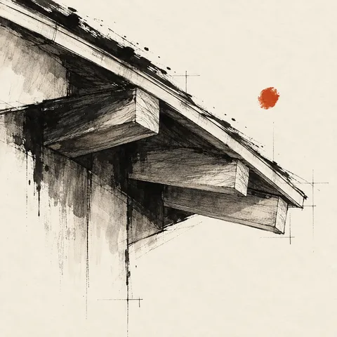 An exposed rafter tail and eave in white, black, olive, stone; square artwork.