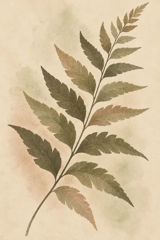 A single fern frond in cream, sage, olive, stone; portrait artwork.