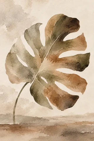A monstera leaf silhouette in cream, sand, taupe, stone; portrait artwork.