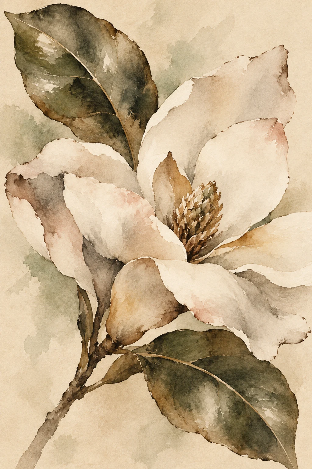 A magnolia bloom with two glossy leaves in cream, stone, taupe, brown; portrait artwork.
