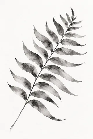 A single fern frond in white, gray; portrait artwork.