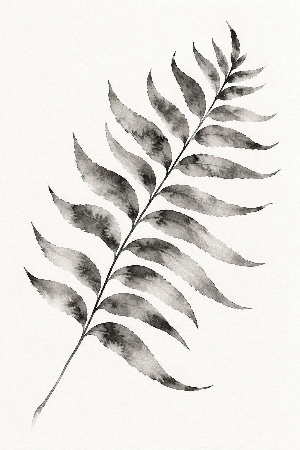 A single fern frond in white, gray; portrait artwork.