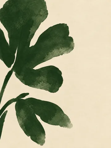 A fig leaf in cream, forest green, charcoal, stone; portrait artwork.