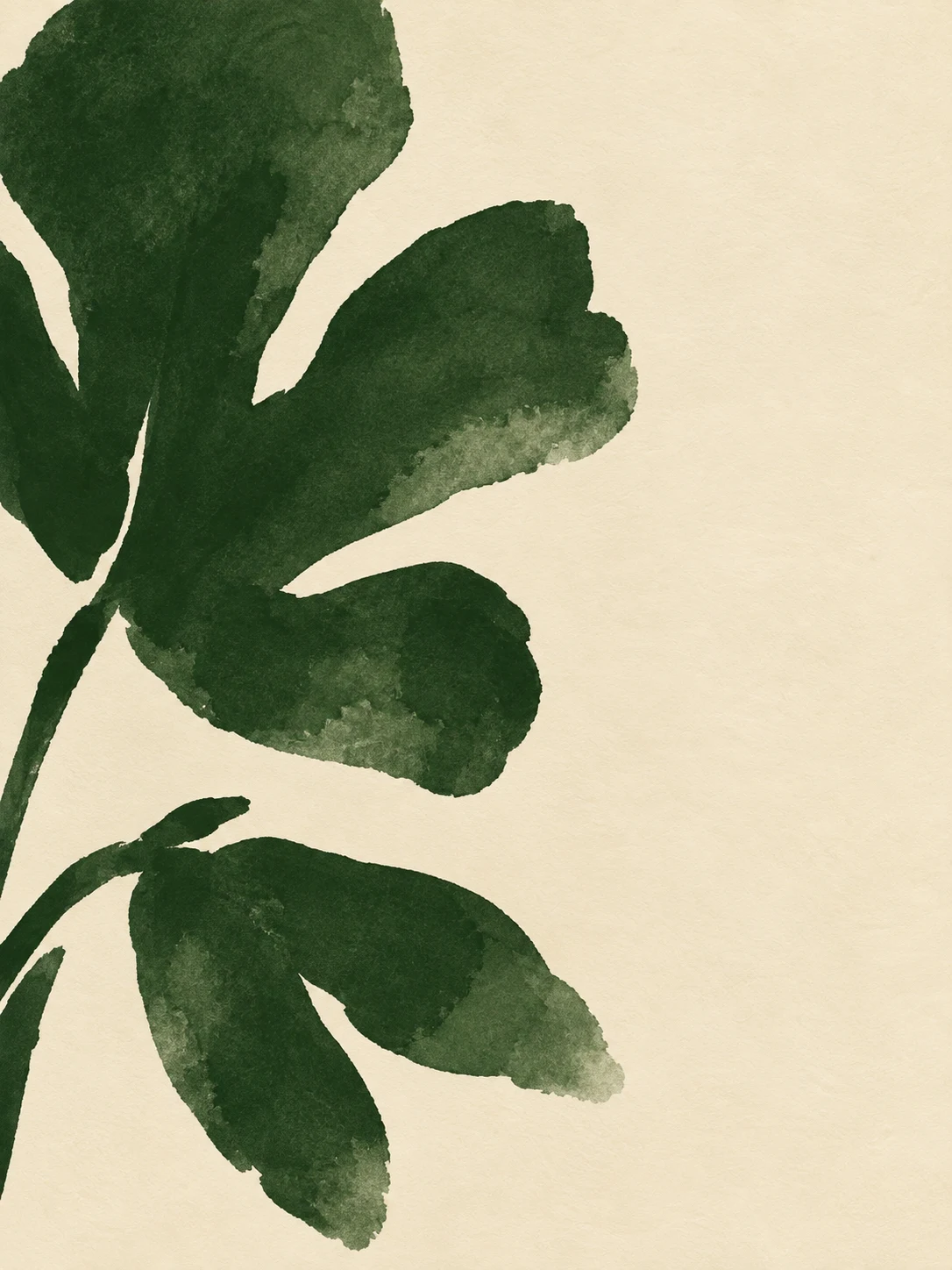 A fig leaf in cream, forest green, charcoal, stone; portrait artwork.