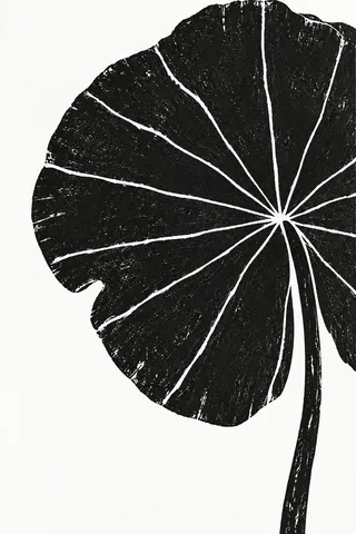 A lotus leaf from above in white, black, charcoal, cream; portrait artwork.