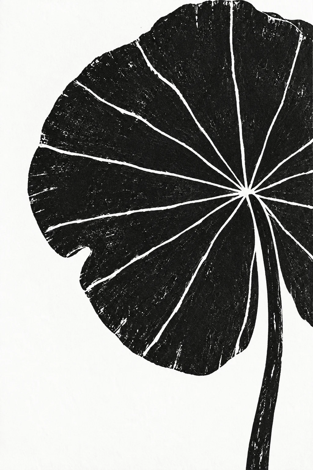 A lotus leaf from above in white, black, charcoal, cream; portrait artwork.