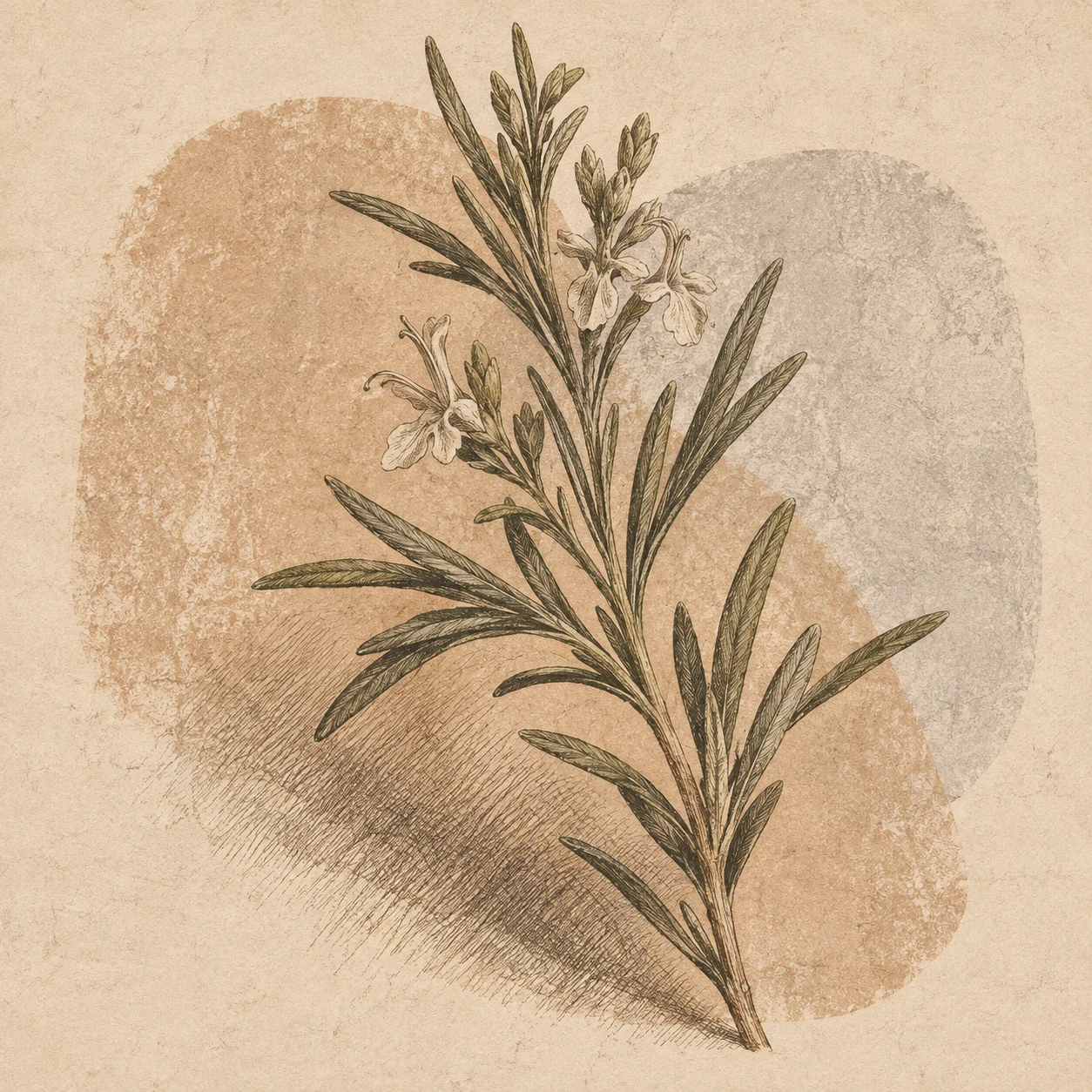 A sprig of rosemary in cream, sand, stone, taupe; square artwork.