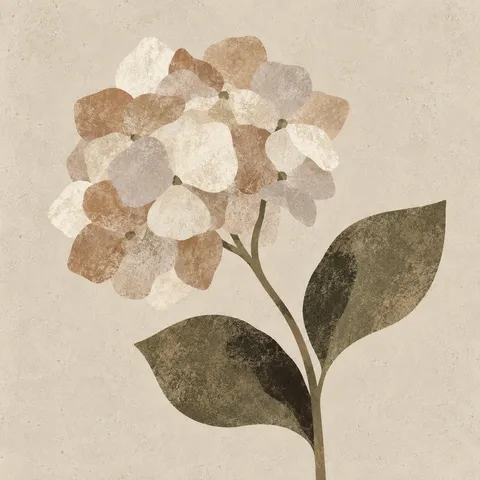 A pressed hydrangea head in cream, taupe, stone; square artwork.