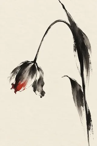 A single tulip past its best in white, taupe, cream; portrait artwork.