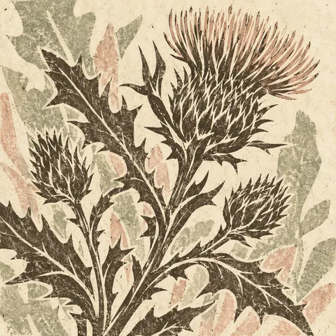A wild thistle in cream, stone, sand, brown; square artwork.