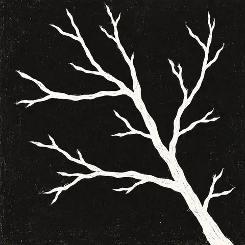 A bare winter branch in black, stone; square artwork.
