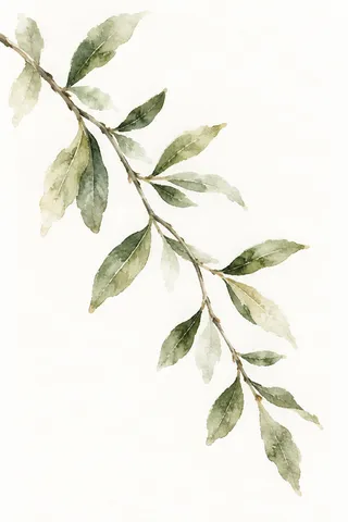 A single live oak branch with small leaves in white, stone; portrait artwork.
