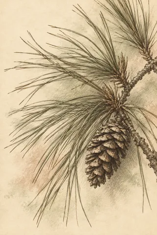 A longleaf pine bundle with one cone in cream, taupe, stone, sand; portrait artwork.