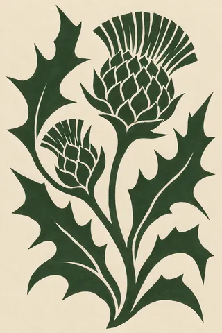 A wild thistle in cream, forest green, charcoal, olive; portrait artwork.