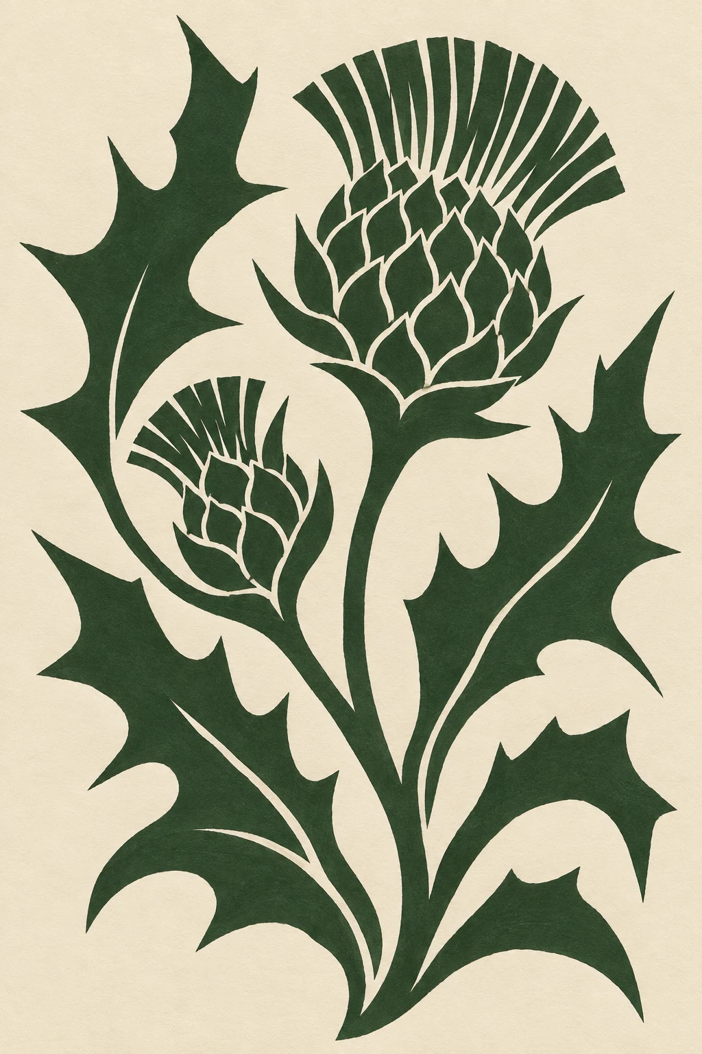 A wild thistle in cream, forest green, charcoal, olive; portrait artwork.