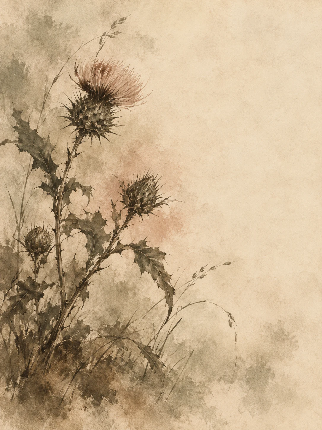 A wild thistle in cream, stone, sand, brown; portrait artwork.