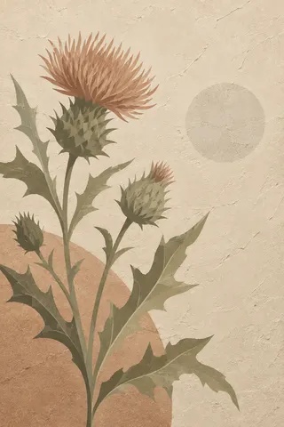 A wild thistle in cream, taupe, stone, sand; portrait artwork.