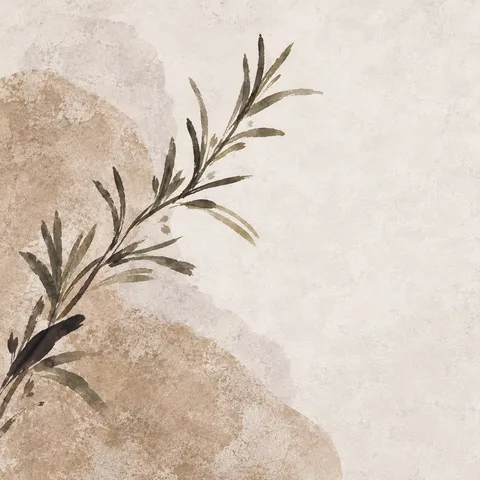 A sprig of rosemary in cream, sand, stone, taupe; square artwork.