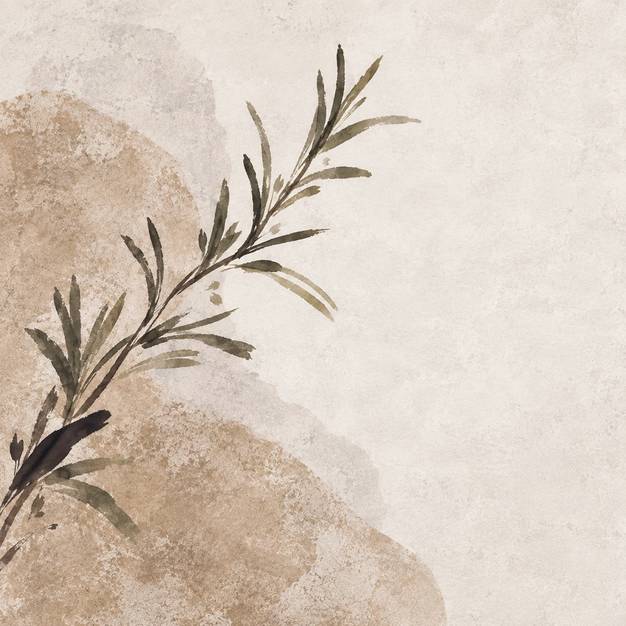 A sprig of rosemary in cream, sand, stone, taupe; square artwork.