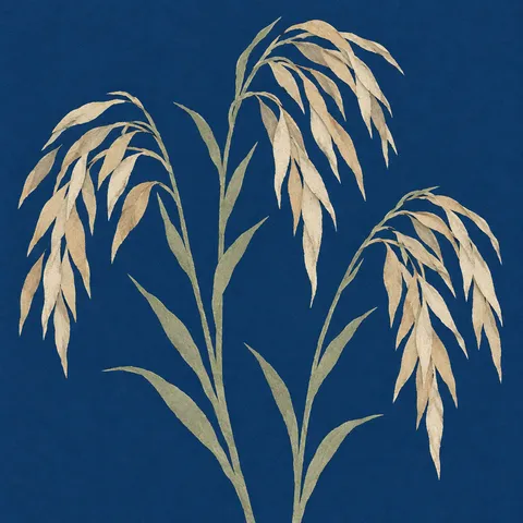 Three stems of sea oats with heavy seed heads in navy, sand, gray; square artwork.