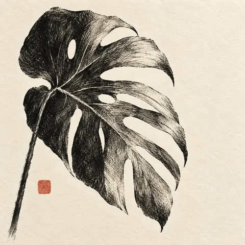 A monstera leaf silhouette in cream, white, black, brown; square artwork.