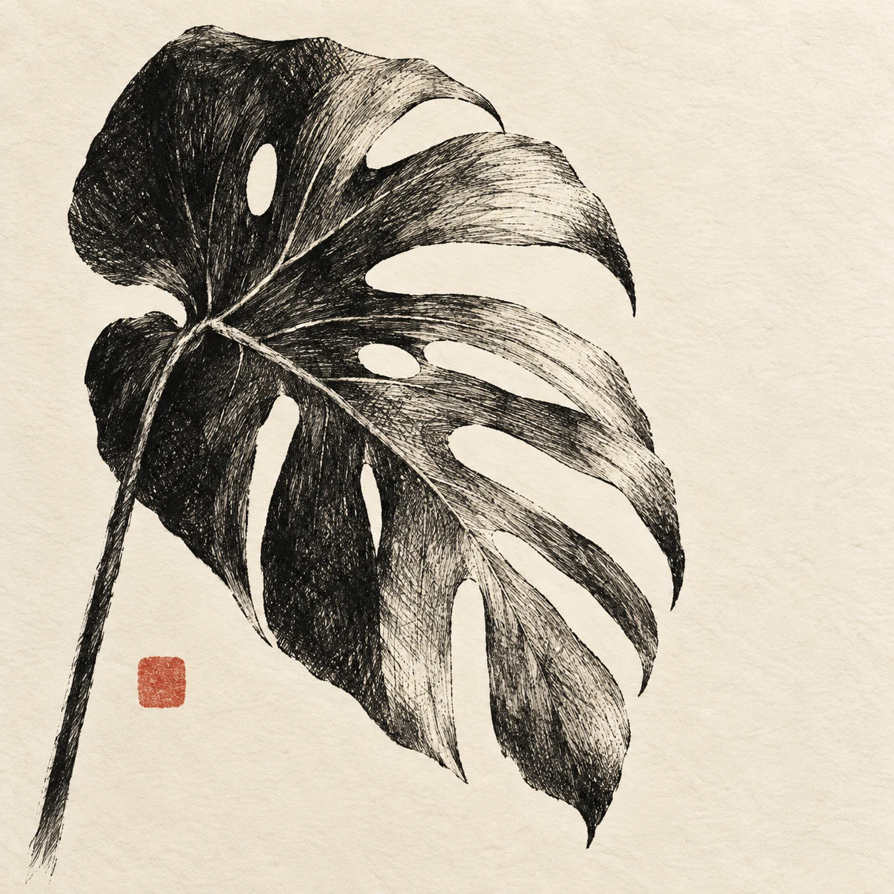 A monstera leaf silhouette in cream, white, black, brown; square artwork.
