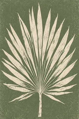 One saw palmetto frond fully open in olive, cream, sage, taupe; portrait artwork.