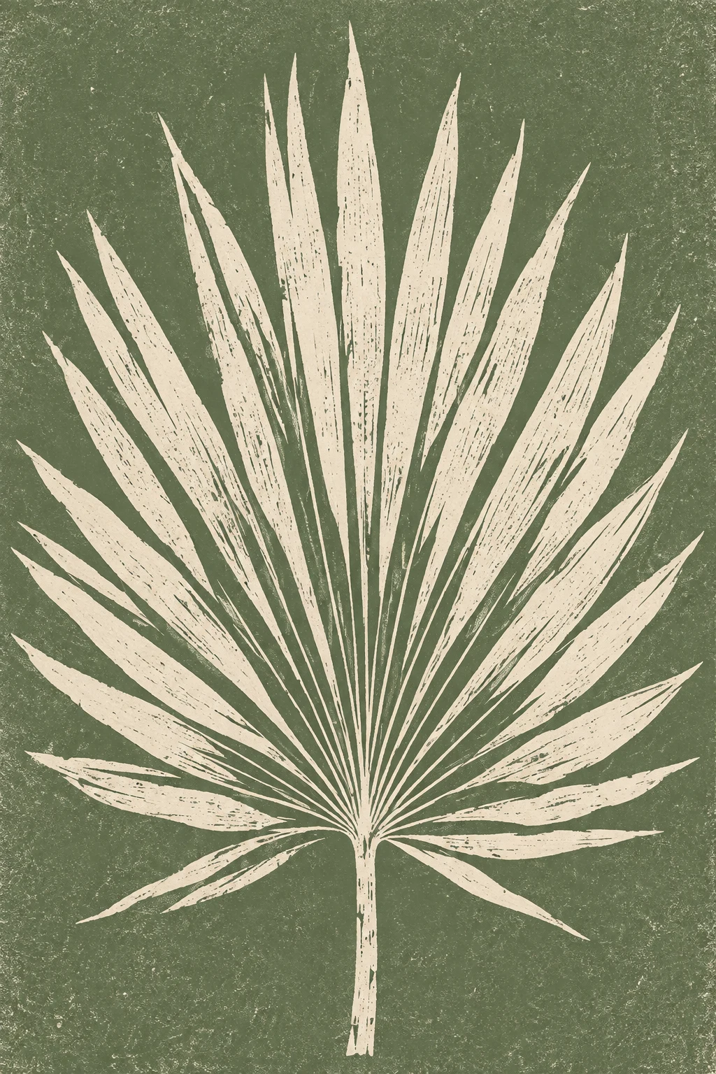 One saw palmetto frond fully open in olive, cream, sage, taupe; portrait artwork.