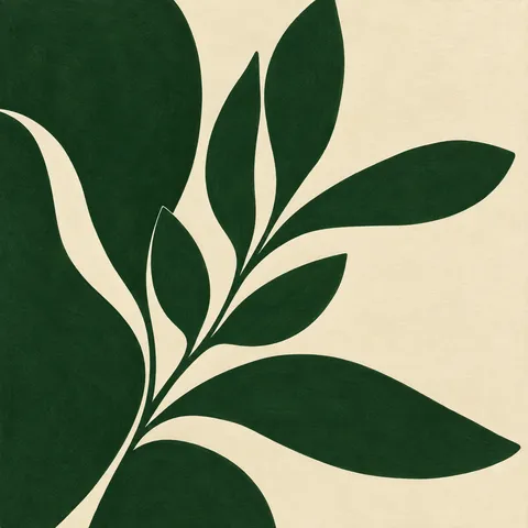 A eucalyptus sprig in forest green, cream, black, sage; square artwork.