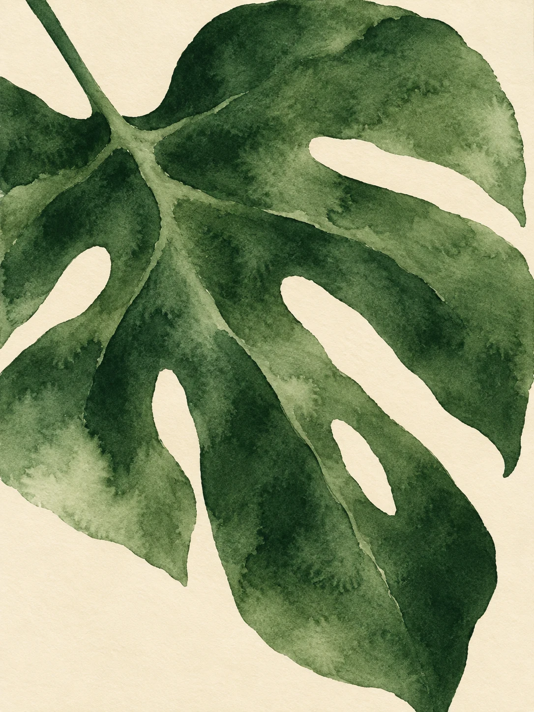 A fig leaf in forest green, white, taupe, olive; portrait artwork.