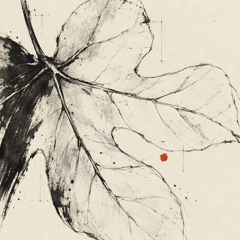 A fig leaf in cream, charcoal, stone; square artwork.