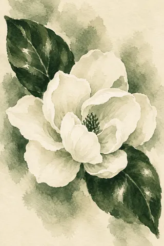 A magnolia bloom with two glossy leaves in cream, forest green, sand, white; portrait artwork.