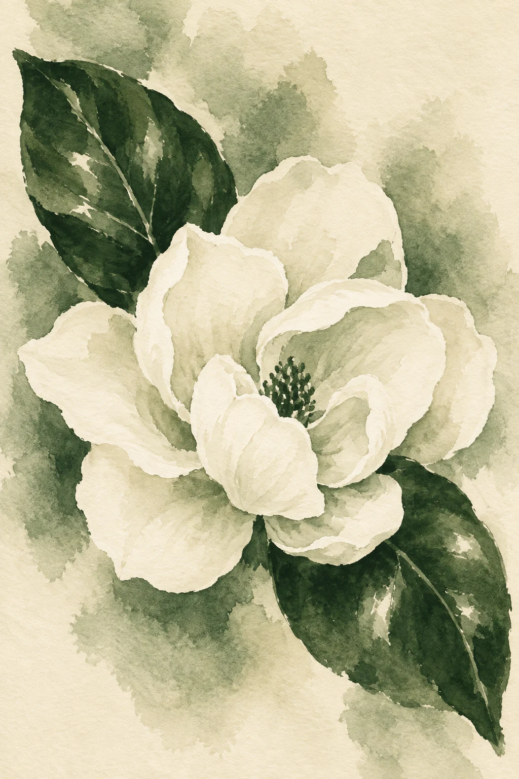 A magnolia bloom with two glossy leaves in cream, forest green, sand, white; portrait artwork.
