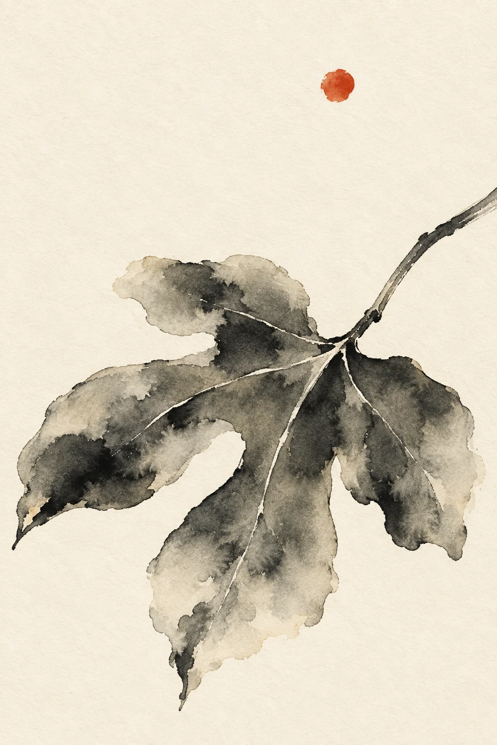 A fig leaf in white, gray, charcoal, cream; portrait artwork.